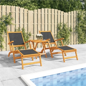 vidaXL Solid Acacia Wood Deck Chair in Black/Brown