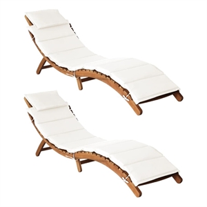 vidaXL Solid Acacia Wood Sun Lounger in Cream/White (Set of 2)
