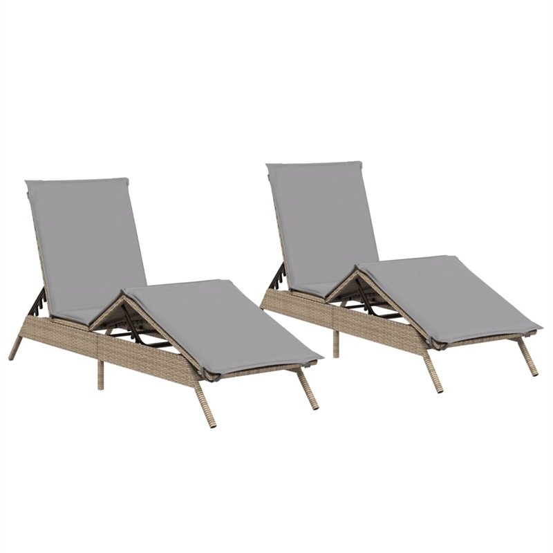vidaXL PE Rattan Sun Lounger w/ Cushions in Beige(Set of 2)