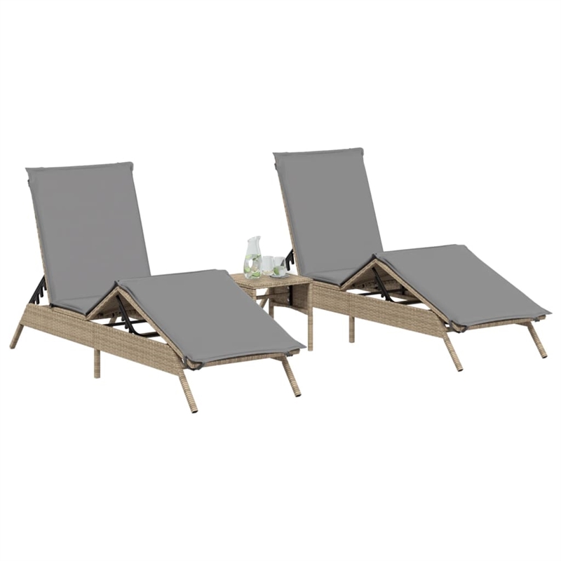 vidaXL PE Rattan Sun Lounger w/ Cushions in Beige(Set of 2)