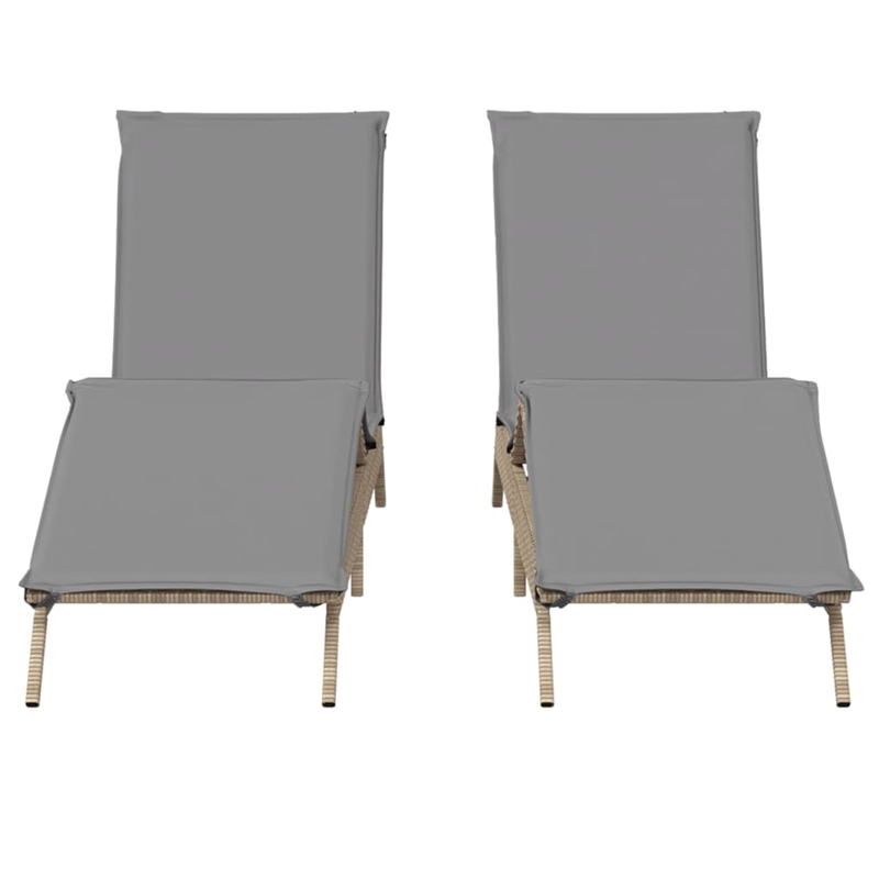 vidaXL PE Rattan Sun Lounger w/ Cushions in Beige(Set of 2)