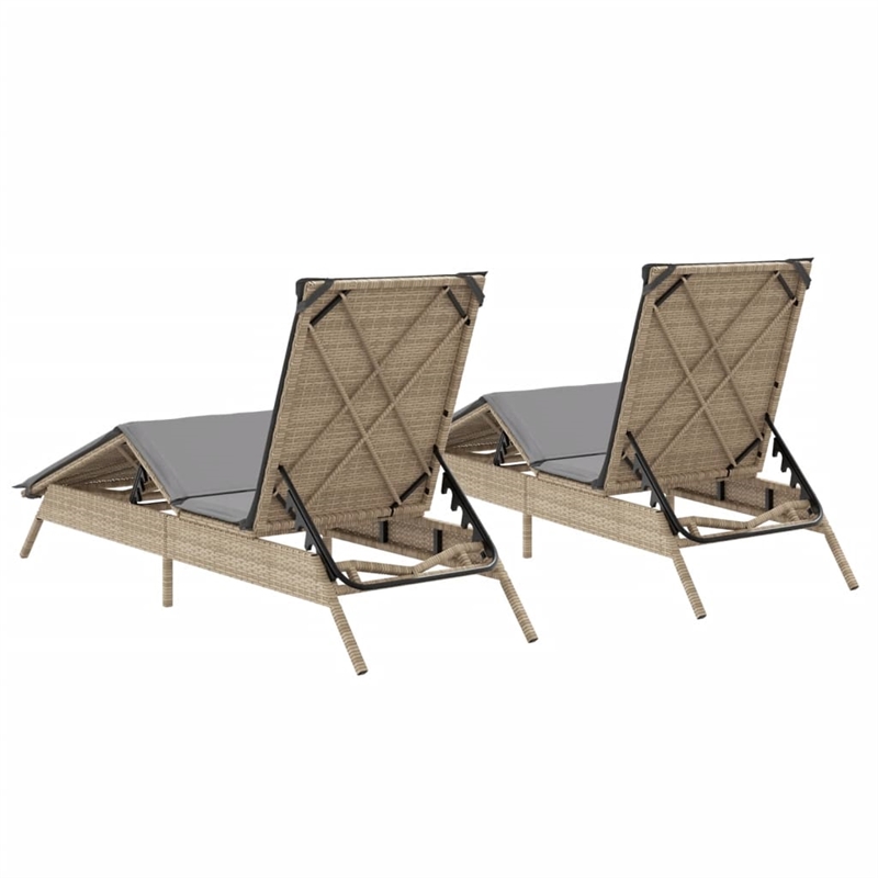 vidaXL PE Rattan Sun Lounger w/ Cushions in Beige(Set of 2)