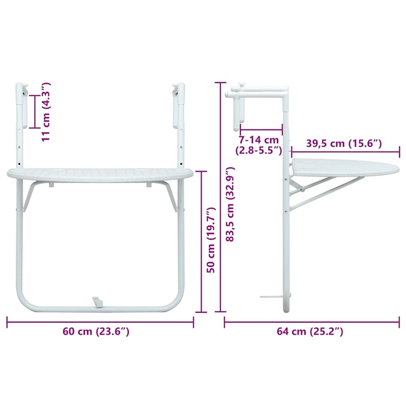 vidaXL Plastic Small Foldable Balcony Table in White