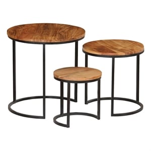 vidaXL 19.7&quot Round Solid Acacia Wood Hairpin 3-Piece Coffee Table in Brown