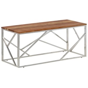 vidaXL 43.3&quot Rectangular Solid Acacia Wood Steel Frame Coffee Table in Silver