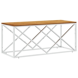 vidaXL 43.3&quot Rectangular Solid Acacia Wood Steel Legs Coffee Table in Silver