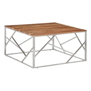 vidaXL 39.4&quot Square Solid Acacia Wood Matte Steel Coffee Table in Silver