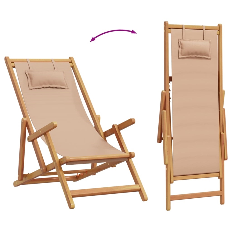 vidaXL Folding Beach Chair Taupe Solid Wood Eucalyptus and Fabric