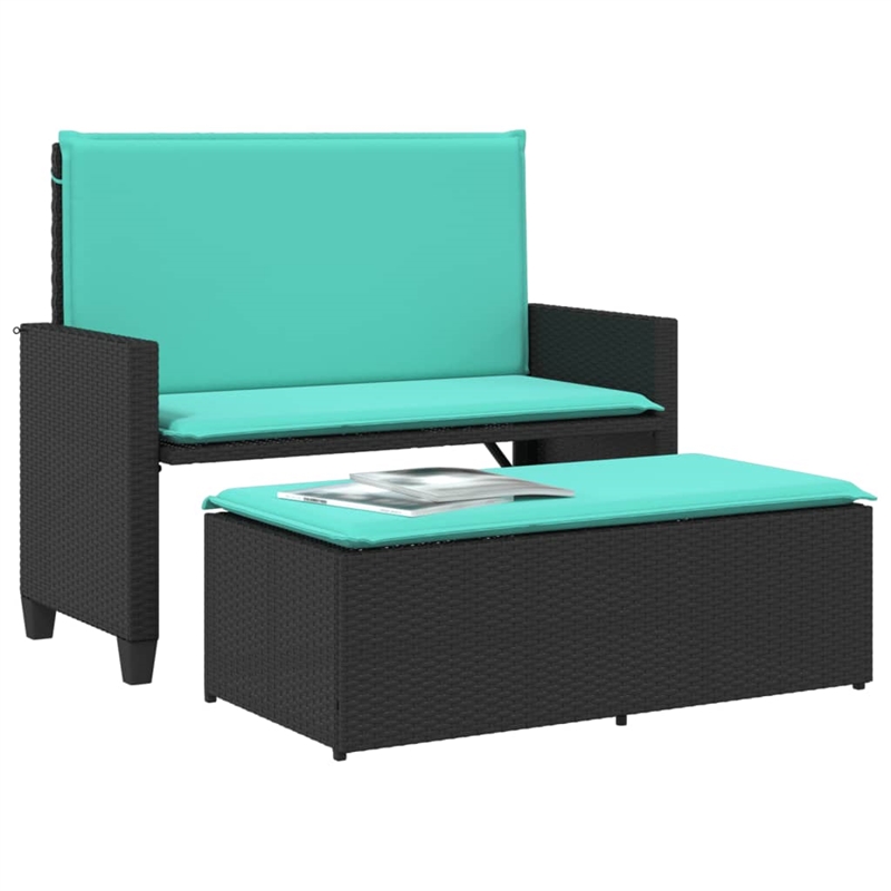 vidaXL Patio Bench with Cushions and Footstool Black Poly Rattan