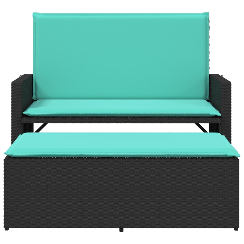 vidaXL Patio Bench with Cushions and Footstool Black Poly Rattan