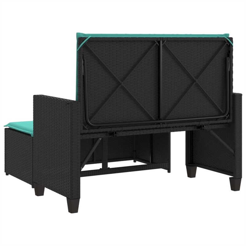 vidaXL Patio Bench with Cushions and Footstool Black Poly Rattan