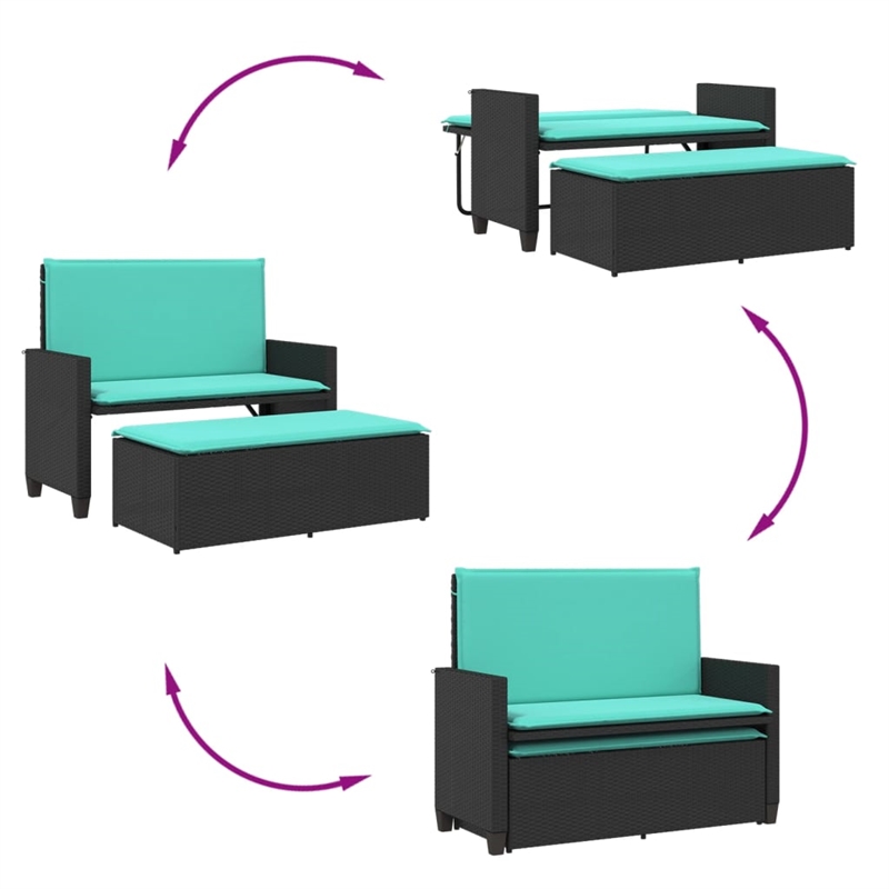 vidaXL Patio Bench with Cushions and Footstool Black Poly Rattan