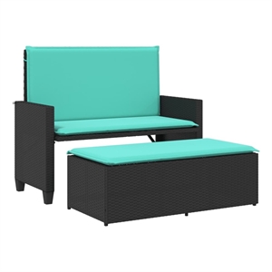 vidaXL Patio Bench with Cushions and Footstool Black Poly Rattan