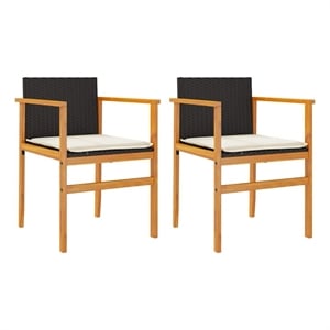 vidaXL Patio Chairs with Cushions 2 pcs Black Poly Rattan&Solid Wood
