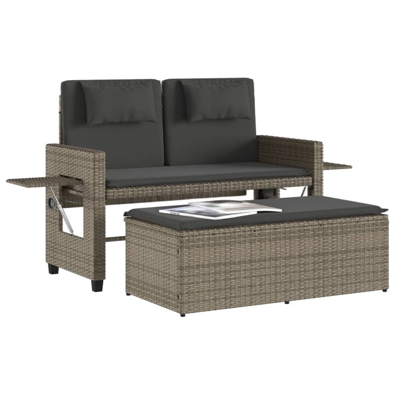 vidaXL Reclining Patio Bench with Cushions Gray Poly Rattan