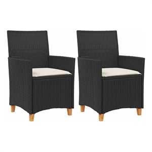 vidaXL Patio Chairs with Cushions 2 pcs Black Poly Rattan&Solid Wood