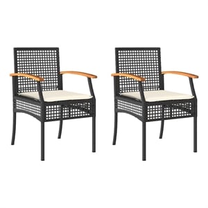 vidaXL Patio Chairs with Cushions 2 pcs Black Poly Rattan Acacia Wood