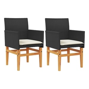 vidaXL Patio Chairs with Cushions 2 pcs Black Poly Rattan&Solid Wood