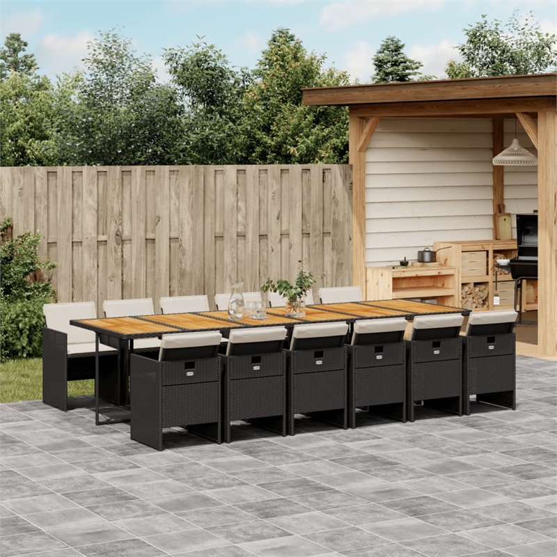 vidaXL 13 Piece Patio Dining Set with Cushions Black Poly Rattan