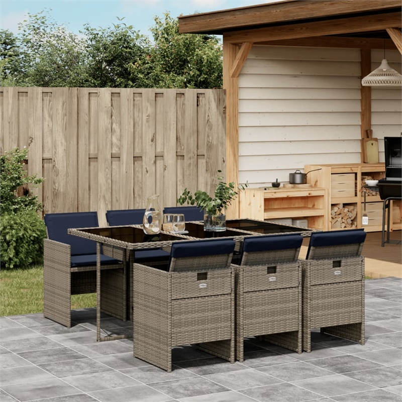 vidaXL 7 Piece Garden Dining Set with Cushions Grey Poly Rattan
