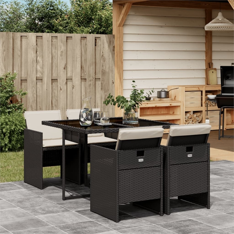 vidaXL 5 Piece Patio Dining Set with Cushions Black Poly Rattan