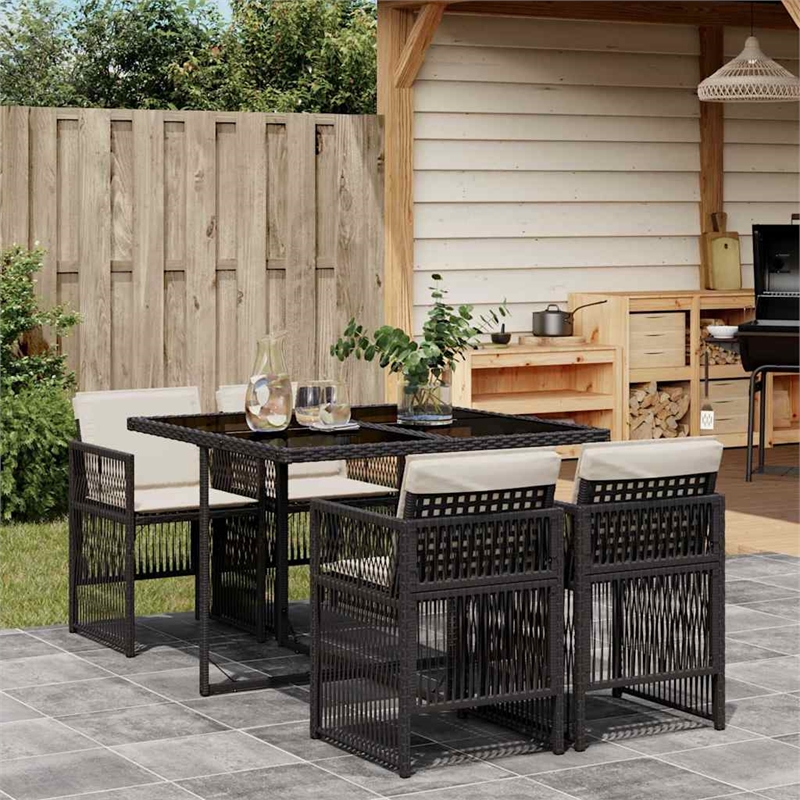 vidaXL 5 Piece Patio Dining Set with Cushions Black Poly Rattan