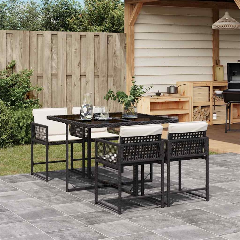 vidaXL 5 Piece Patio Dining Set with Cushions Black Poly Rattan