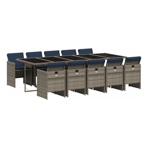 vidaXL 11 Piece Garden Dining Set with Cushions Grey Poly Rattan