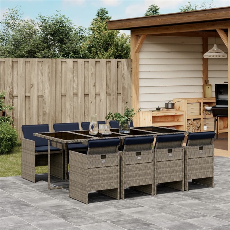 vidaXL 9 Piece Garden Dining Set with Cushions Grey Poly Rattan