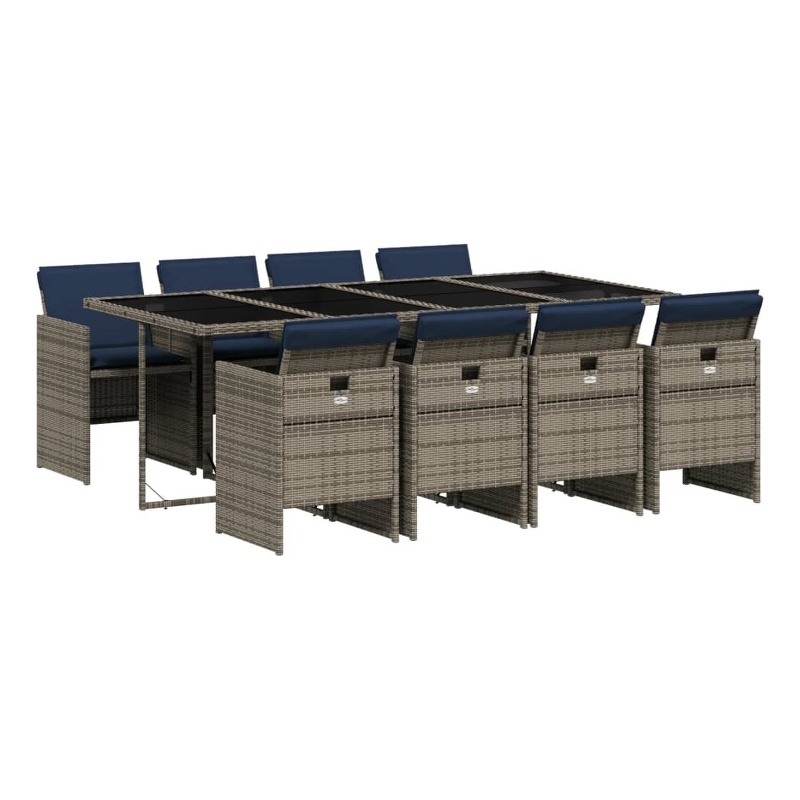 vidaXL 9 Piece Garden Dining Set with Cushions Grey Poly Rattan