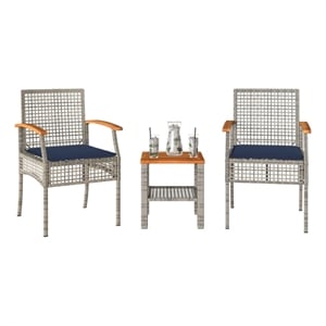vidaXL 3 Piece Bistro Set with Cushions Gray Poly Rattan Acacia Wood