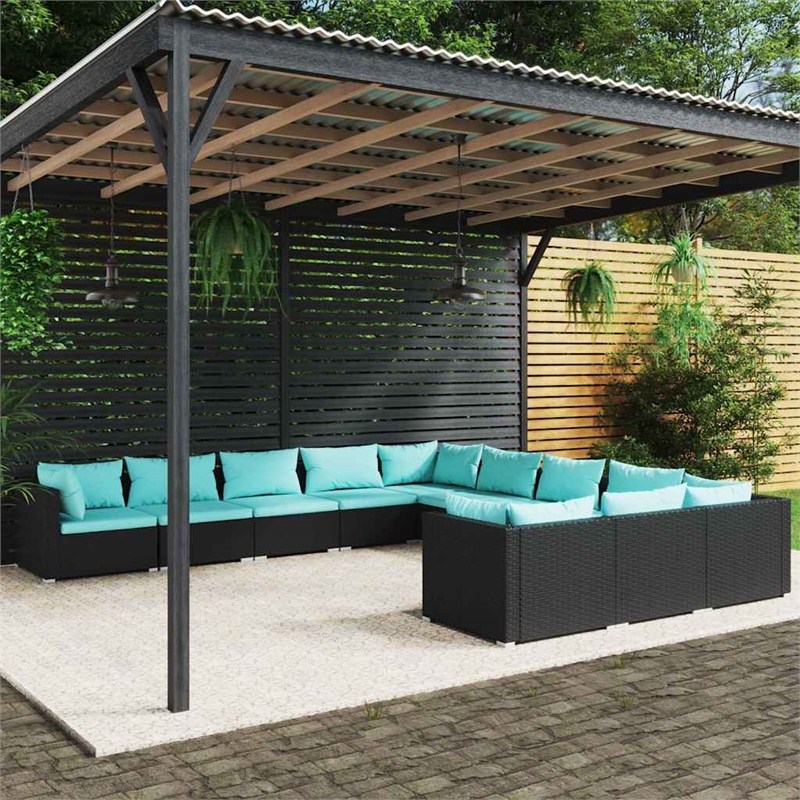 vidaXL 11 Piece Patio Lounge Set with Cushions Poly Rattan Black