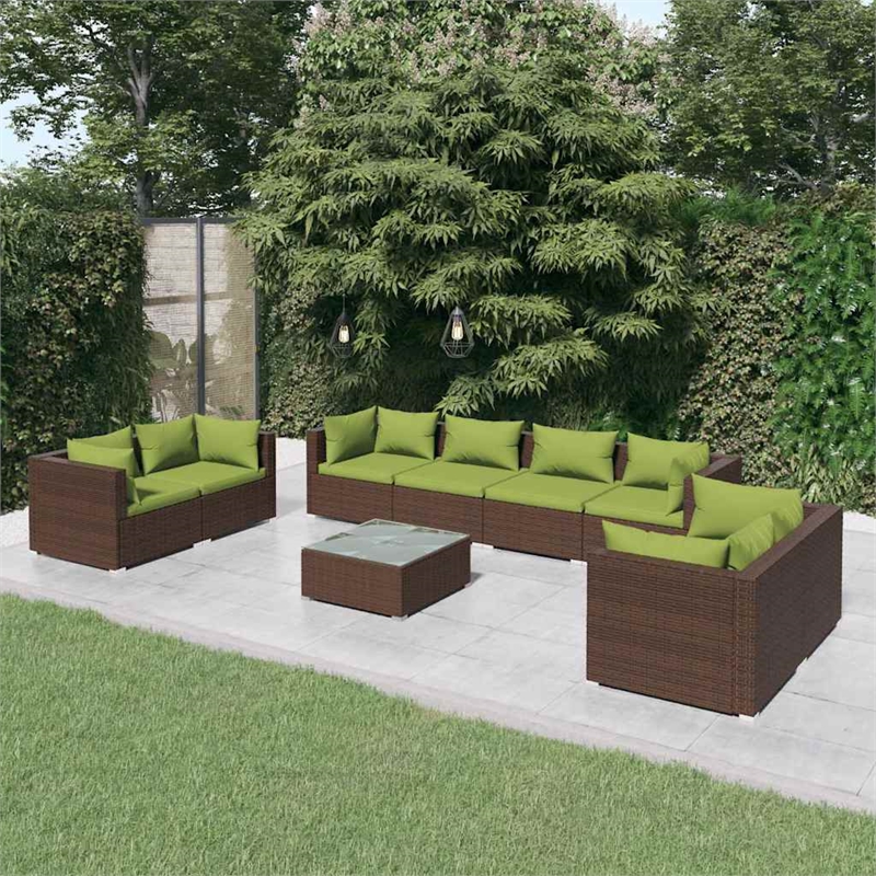 vidaXL 9 Piece Patio Lounge Set with Cushions Poly Rattan Brown