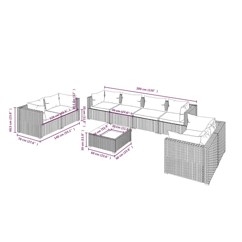 vidaXL 9 Piece Patio Lounge Set with Cushions Poly Rattan Brown