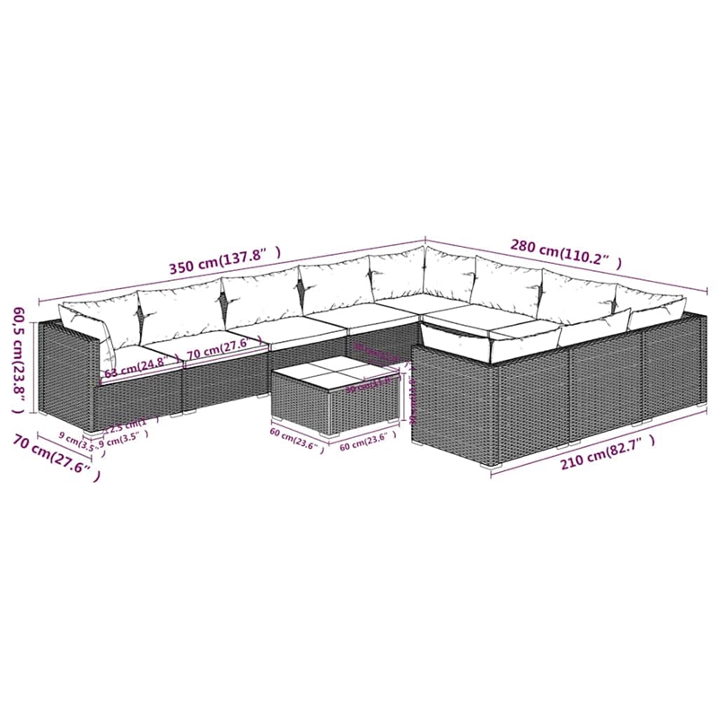 vidaXL 11 Piece Patio Lounge Set with Cushions Poly Rattan Brown