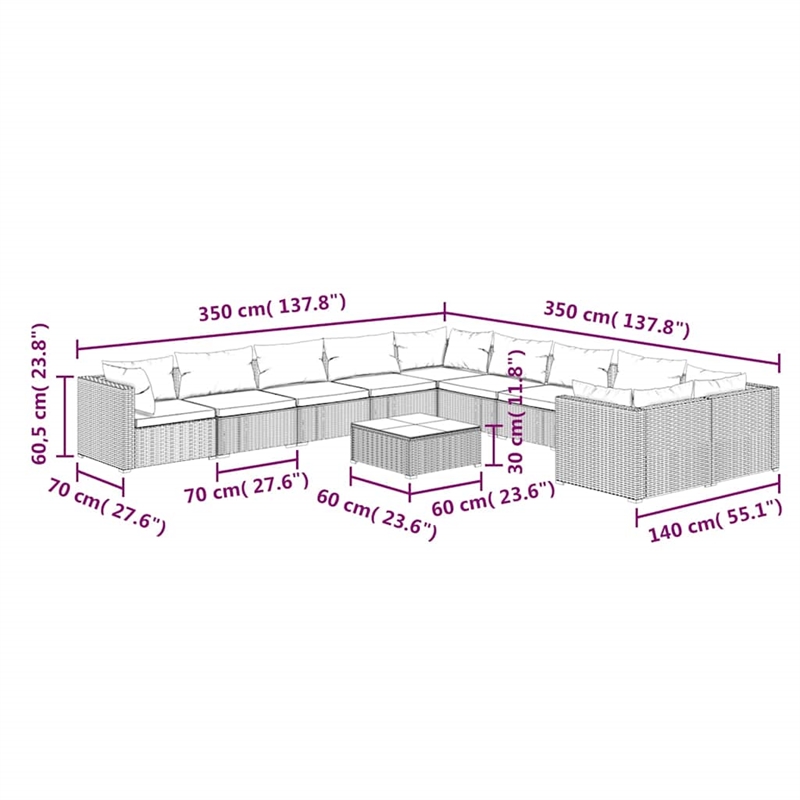 vidaXL 11 Piece Patio Lounge Set with Cushions Poly Rattan Brown