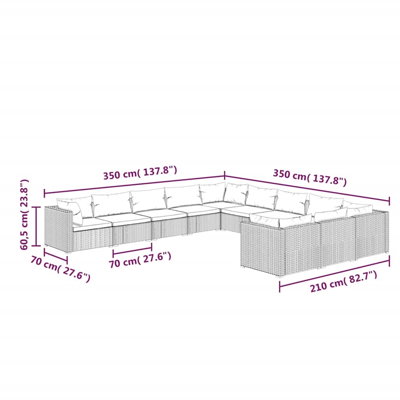 vidaXL 11 Piece Patio Lounge Set with Cushions Poly Rattan Brown
