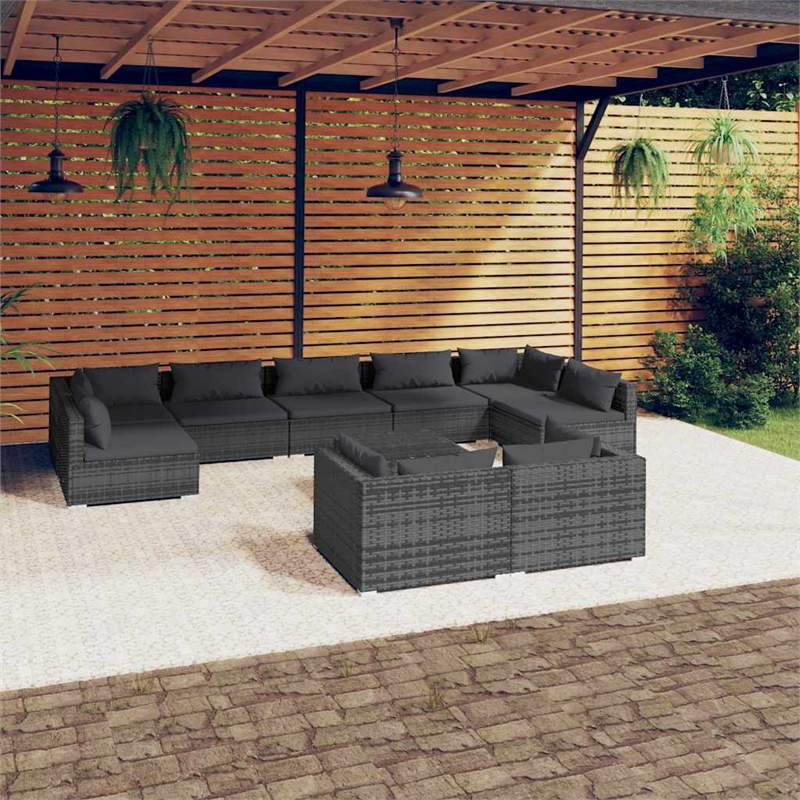 vidaXL 10 Piece Patio Lounge Set with Cushions Gray Poly Rattan