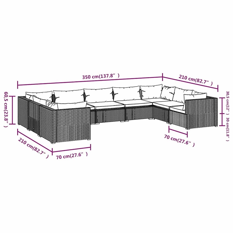 vidaXL 9 Piece Patio Lounge Set with Cushions Poly Rattan Black