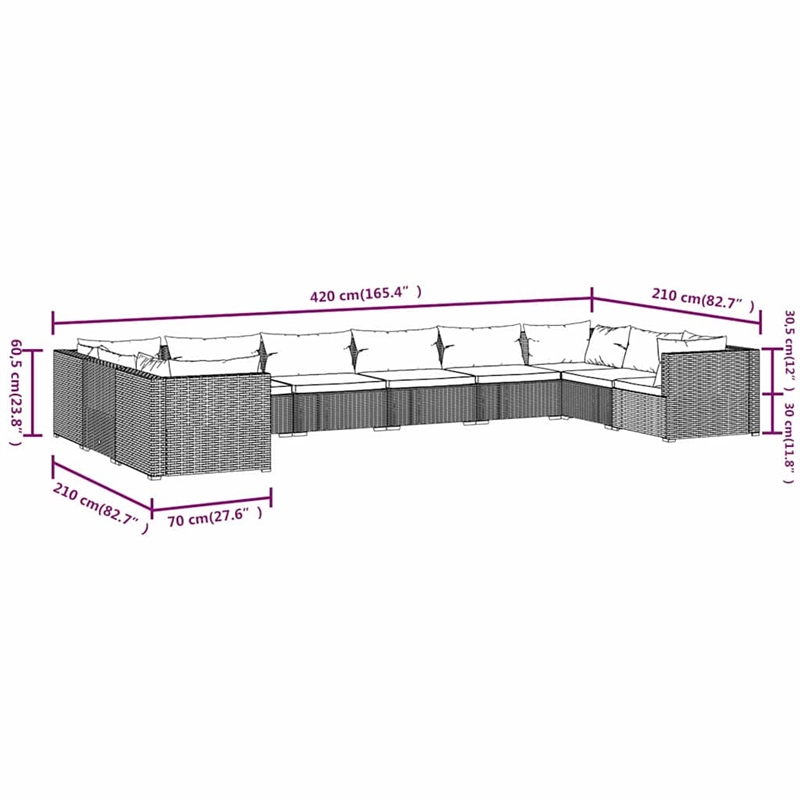 vidaXL 10 Piece Patio Lounge Set with Cushions Poly Rattan Black