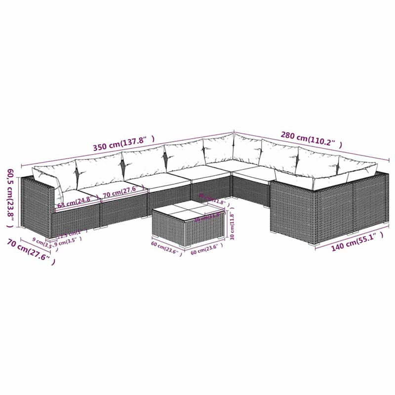vidaXL 10 Piece Patio Lounge Set with Cushions Poly Rattan Brown