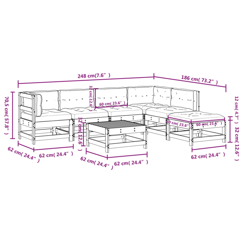 vidaXL 7 Piece Patio Lounge Set with Cushions Solid Wood
