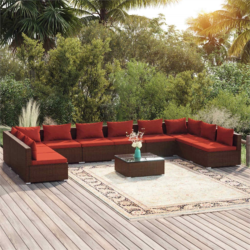 vidaXL 11 Piece Patio Lounge Set with Cushions Poly Rattan Brown