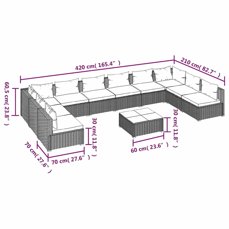 vidaXL 11 Piece Patio Lounge Set with Cushions Poly Rattan Brown