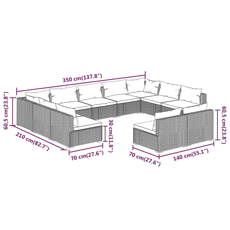 vidaXL 11 Piece Patio Lounge Set with Cushions Brown Poly Rattan