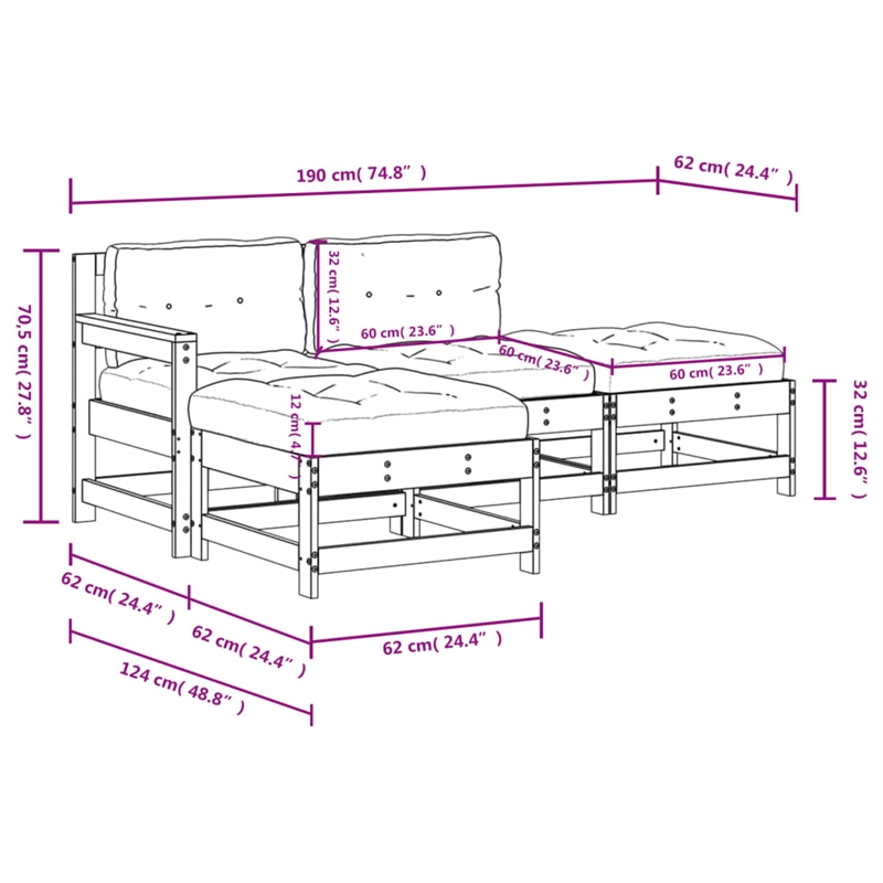 vidaXL 4 Piece Patio Lounge Set with Cushions Solid Wood