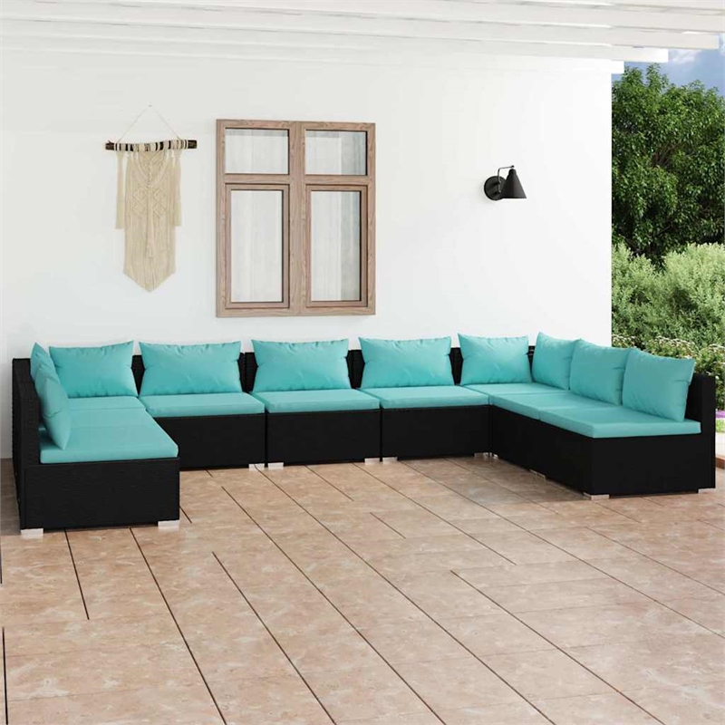 vidaXL 9 Piece Patio Lounge Set with Cushions Poly Rattan Black
