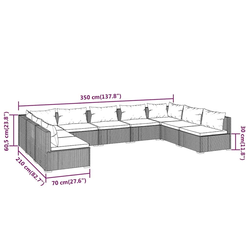 vidaXL 9 Piece Patio Lounge Set with Cushions Poly Rattan Black