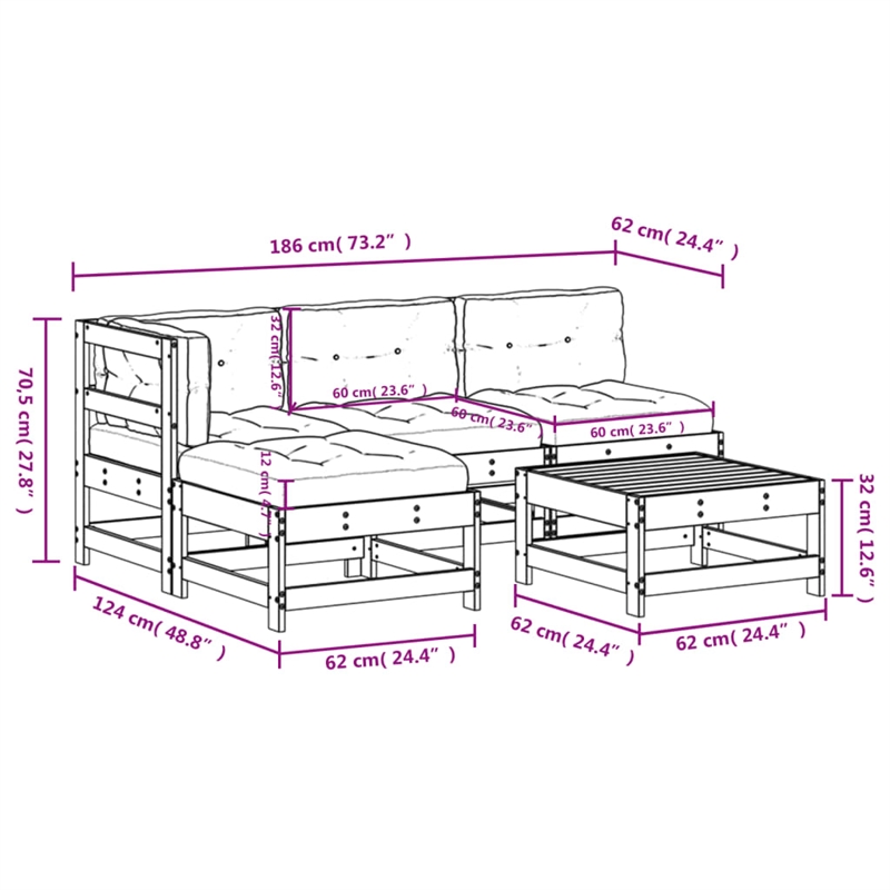 vidaXL 5 Piece Patio Lounge Set with Cushions Solid Wood