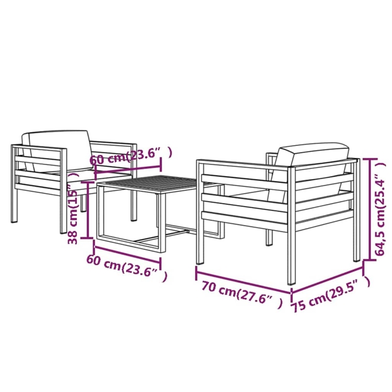 vidaXL 3 Piece Patio Lounge Set with Cushions Aluminum Anthracite